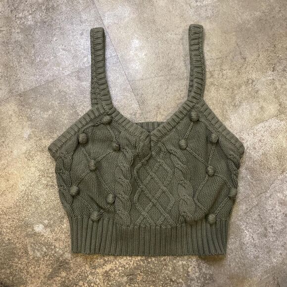 olive green knit embroidered cropped cami size xs - Picture 1 of 4
